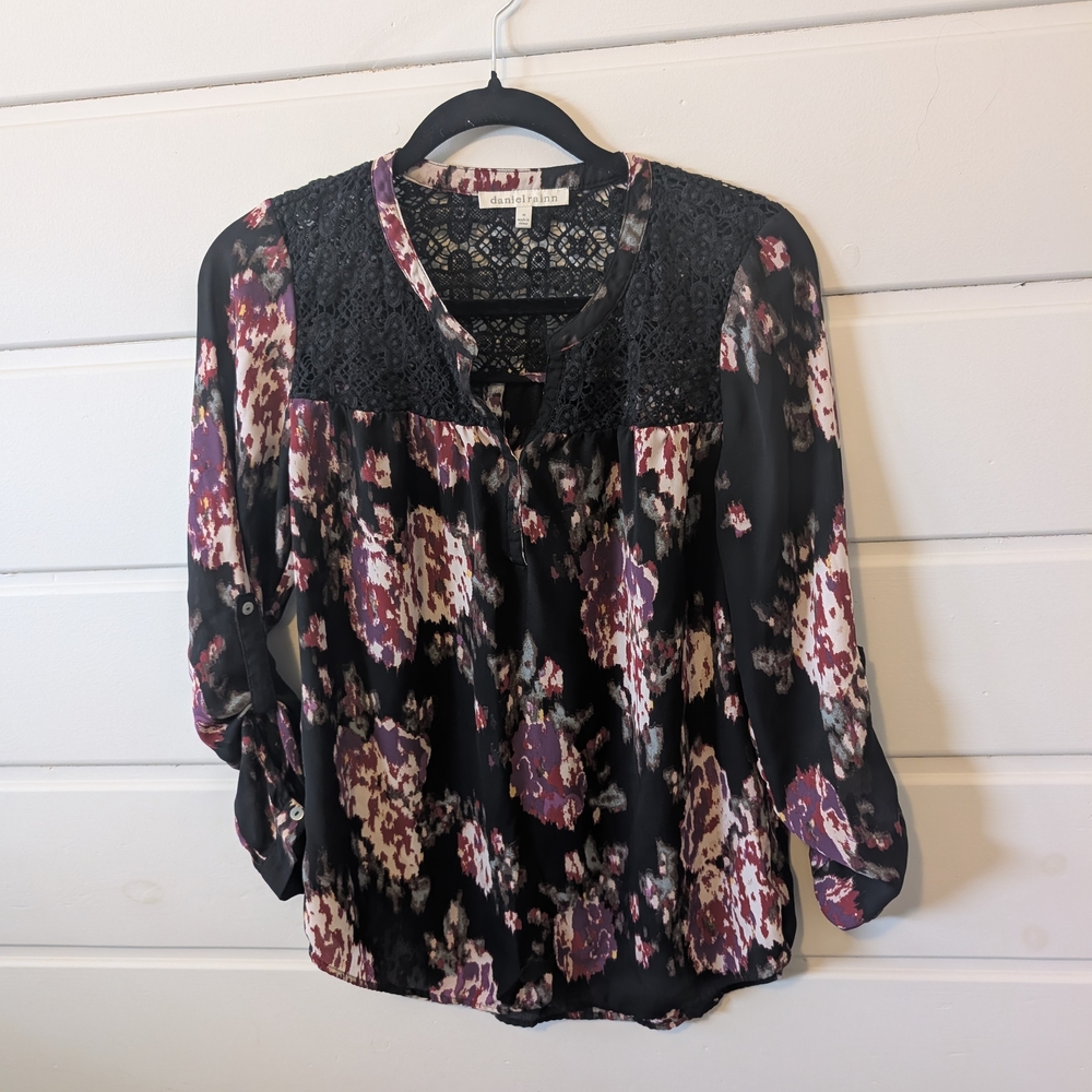 Daniel Rainn Floral Black and Purple Women's Blouse